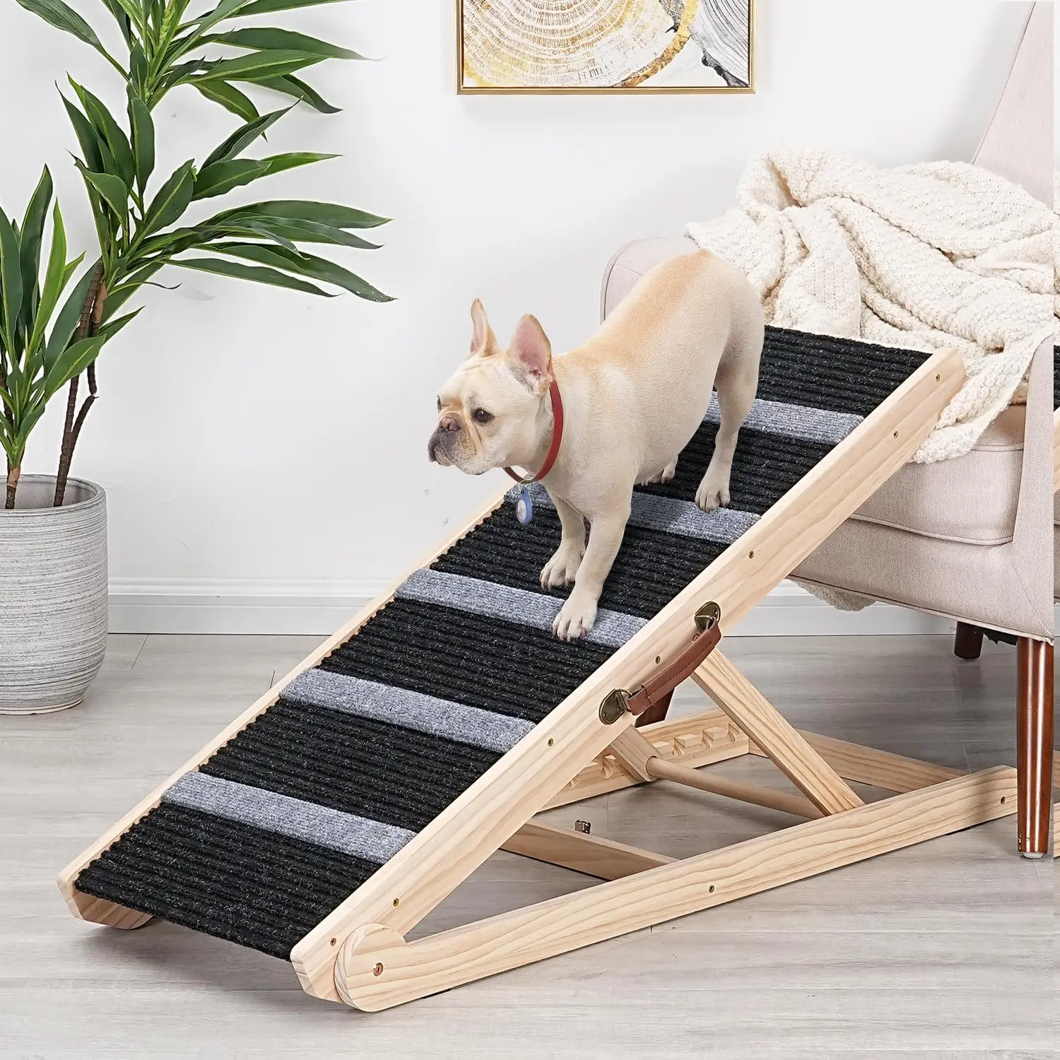 

Wooden Adjustable Pet Ramp for All Dogs and Cats - Non Slip Carpet Surface and Foot Pads - 40" Long and Adjustable from 12”