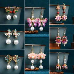 Ethnic Chinese Enamel Butterfly Flower Earrings for Women Retro Design Palace Style Pearl Pendant Luxury Jewelry Fashion Gifts