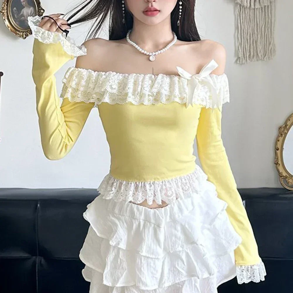 

Casual Daily Wear Long Sleeve Shirt Streetwear One Shoulder Tee L Lace Stitching Top Spring Autumn Winter Wear
