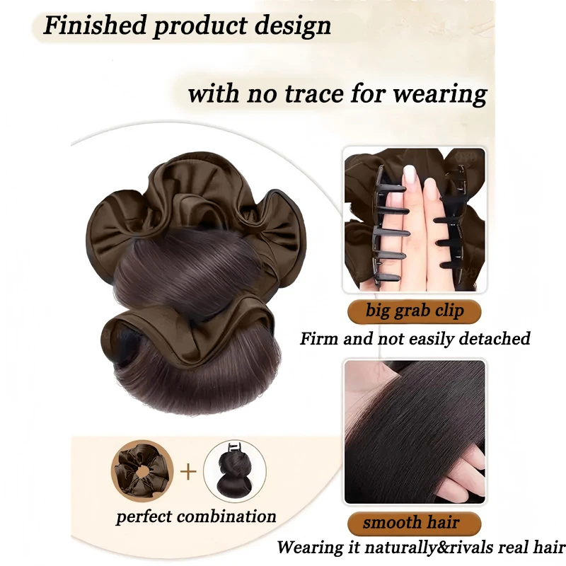 合成繊維女性用ヘアピース、偽ピンウィッグ、爪クリップ付き、黒茶色、ローアップヘアアクセサリー、ナチュラルなお団子ヘア用シュシュ