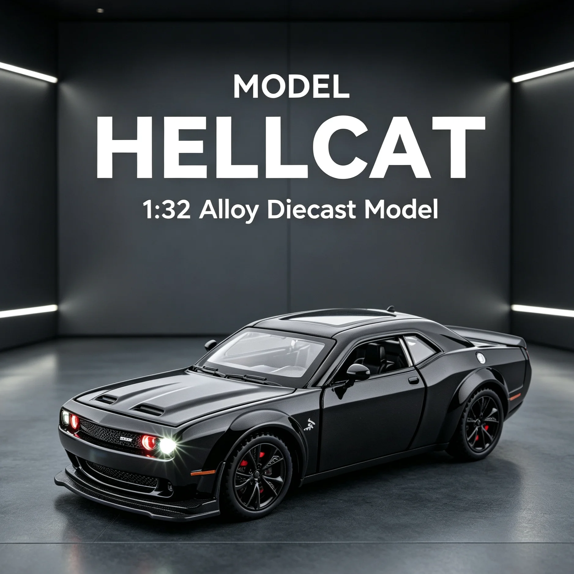 مجسم سيارة دودج تشالنجر هيلكات مع إضاءة وصوت بطول 16 سم | Dodge Challenger Hellcat Muscle Car Diecast Model with Sound Light 16cm