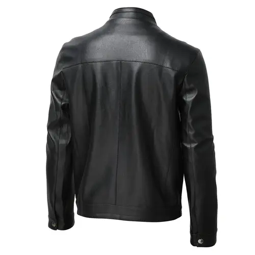 Imagen 2 del producto Chaqueta de cuero de moda para hombre, chaqueta ajustada con cuello levantado de Pu, chaquetas antiviento para motocicleta con cremallera, prendas de vestir exteriores para hombre 2025