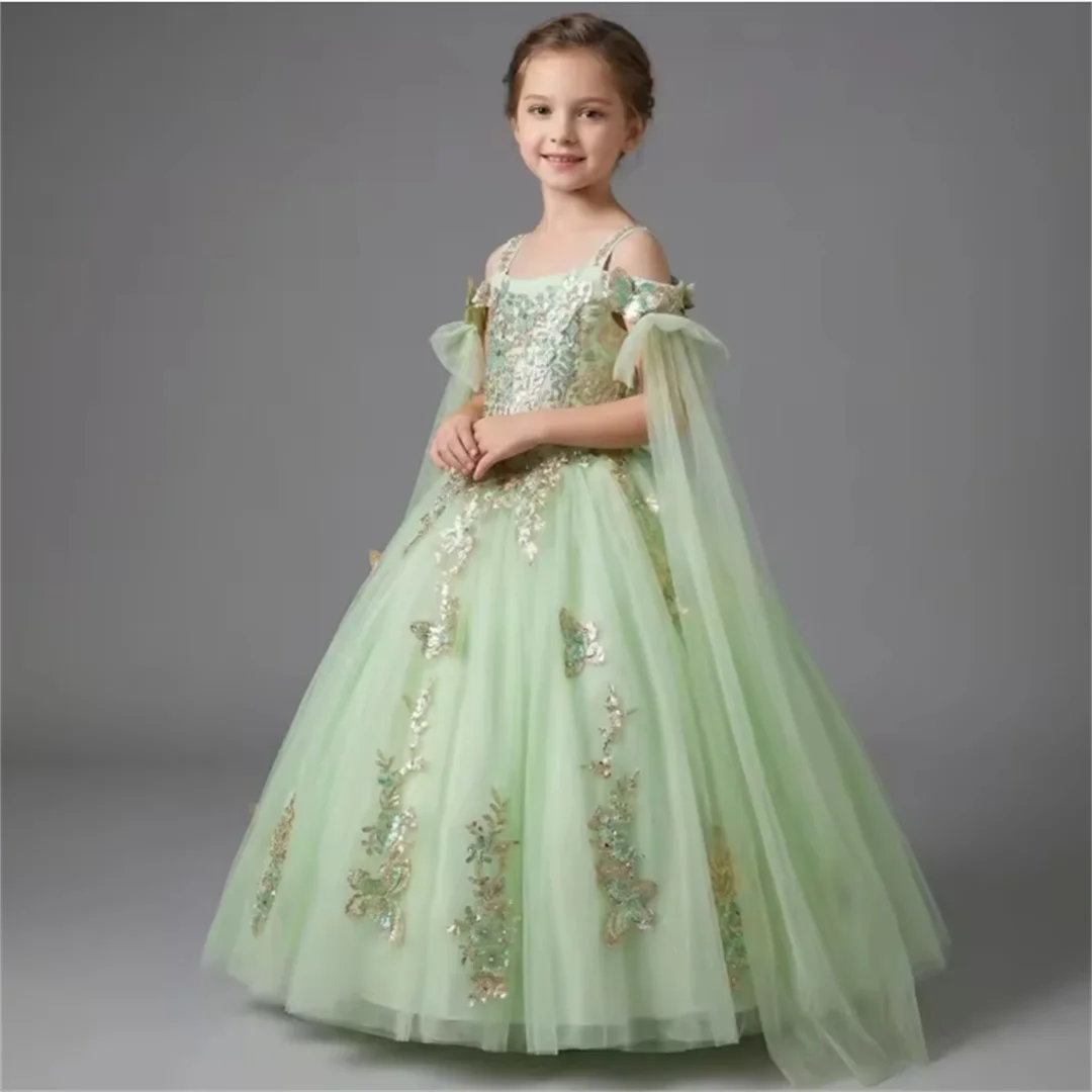 Customized Flower Girl Dress Green Tulle Gold Floral Appliques Shawl For Wedding Birthday Party Prom Banquet Princess Ball Gown