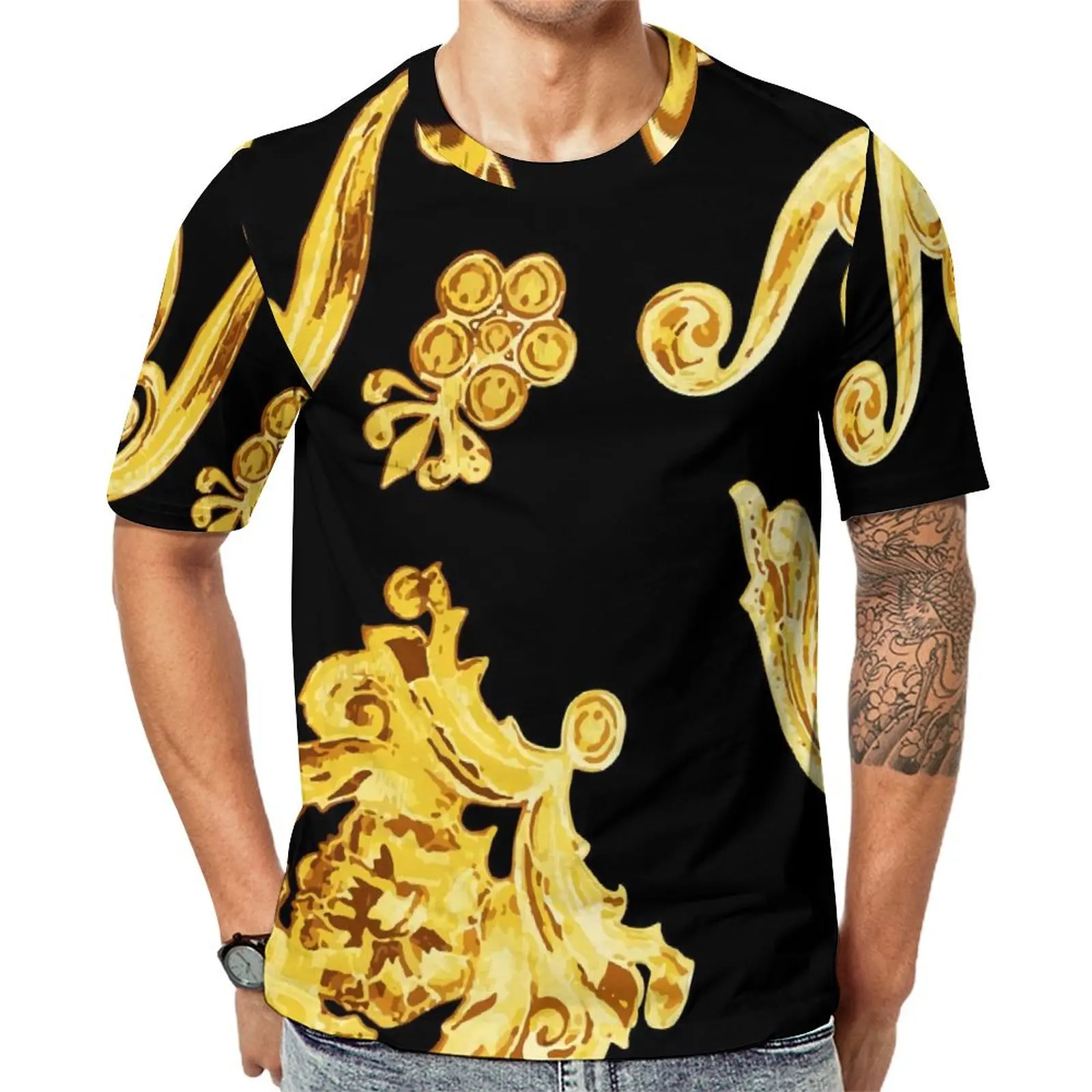 

Футболка с металлическим золотом, новинка, футболки с металлическим принтом, мужская уличная футболка, футболки премиум-класса с короткими рукавами и узором, футболки большого размера