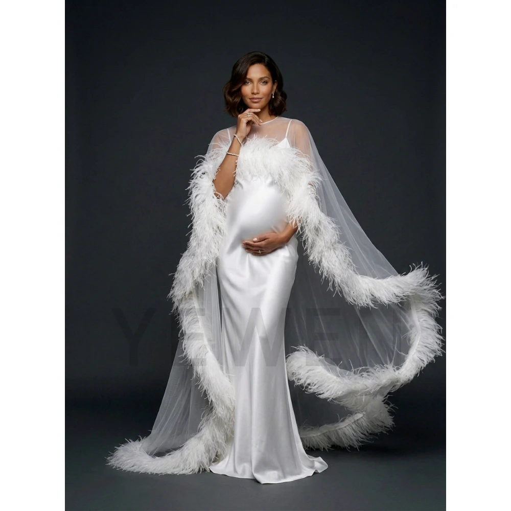 Luxury Ostrich Feather Maternity Evening Gown Cape Dress for Photo Shoot Baby Shower