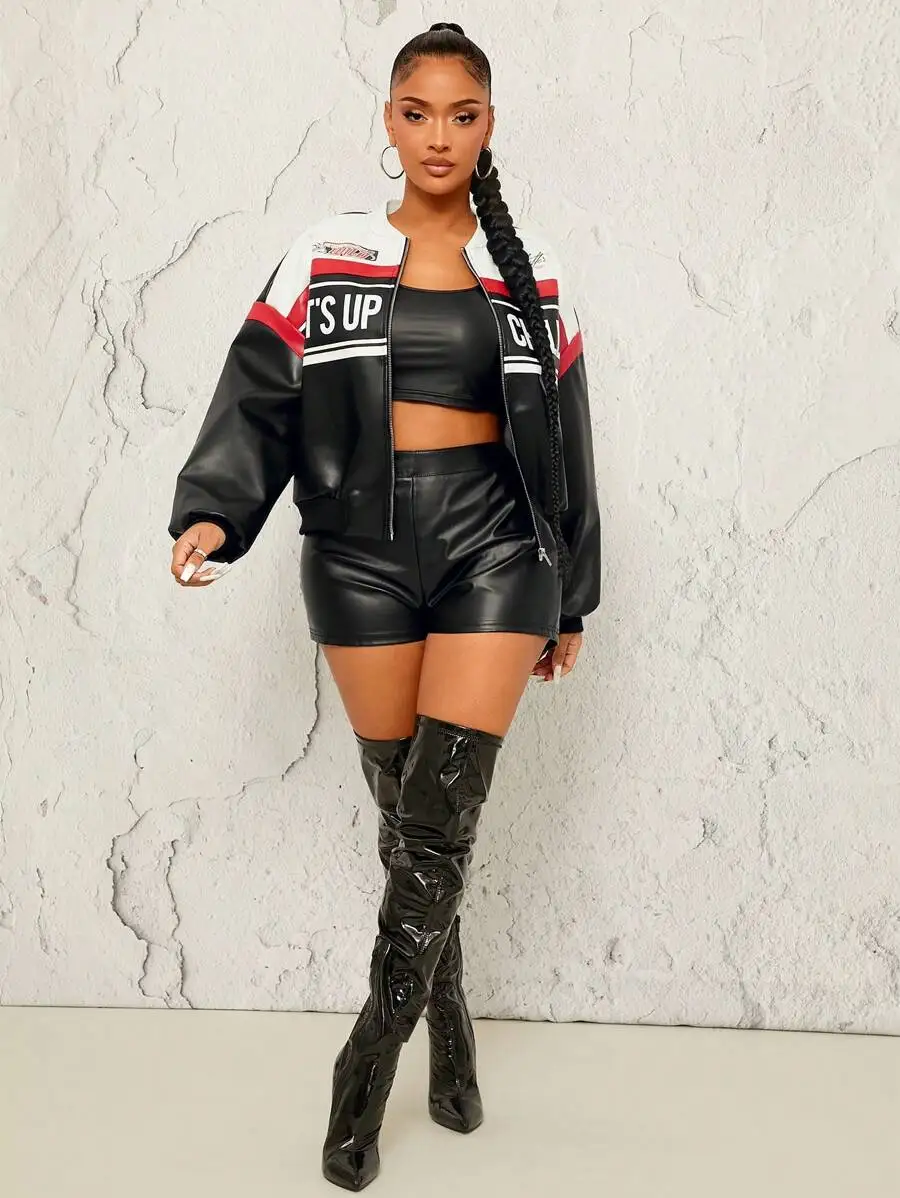 سترة نسائية من جلد البولي يوريثان مع رسومات حروف وتصميم كتلة ألوان، كتف منسدل، خريف/شتاء