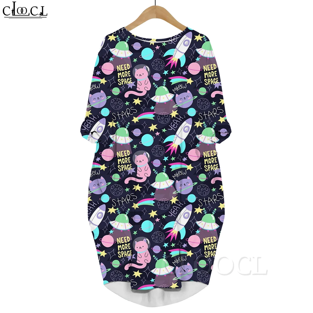 CLOOCL Loose Women Dresses Cartoon Outer Space Astronauts Print Pockets Midi Dress Round Neck Pullover Robe Kawaii Vestidos