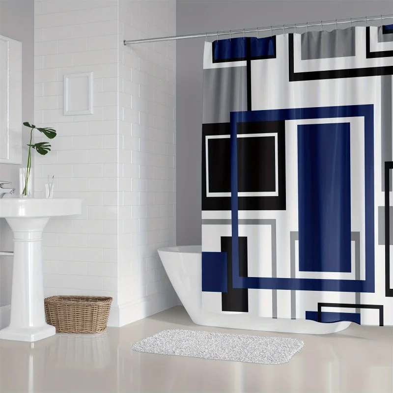 1/4pcs Blue Geometric Pattern Set, Shower Curtain With 12 Hooks, Non-Slip Bath , U-Shaped Mat, Toilet M