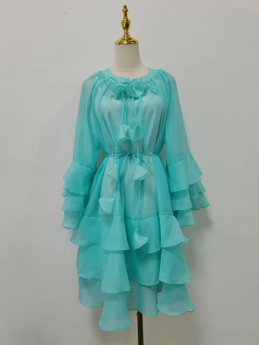 VGH Elegante abito in rete trasparente floreale con spacco per donna O collo manica svasata vita alta Pathwork volant mini abiti dimagranti femminili