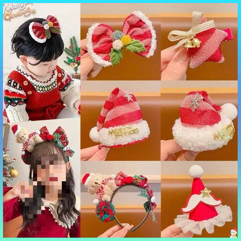 Bow Hairpin Christmas Old Deer Red Hat Headdress Hairband Plush Cute Clip Hair Accessories Snowflake New Year Gift Children Girl