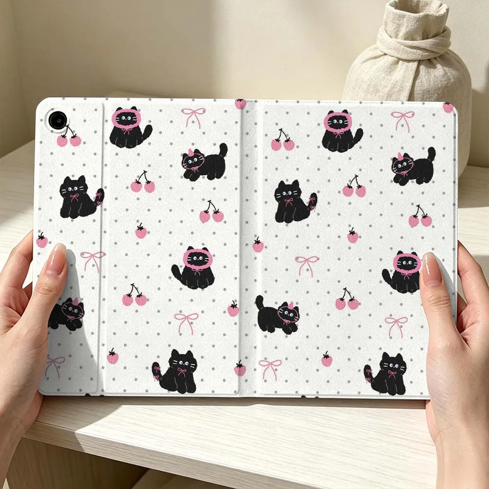 Cute Black Cat Cherry For Samsung Galaxy Tab S11 S10 S9 S8 S7 S6 A11 A9 A8 A7 Lite FE Plus Soft Pen Tray Tablet Case