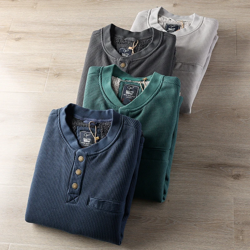 

Thiened Lamb Velvet Hoodie Comfortable Wfle Patterned Base Layer Men's Henry Collar Fce Lined Sweatirt for Autumn Wi...