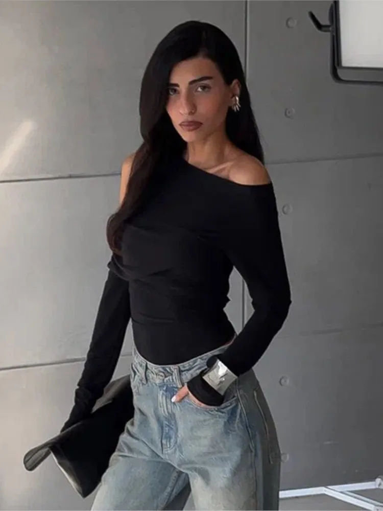 Fashionable Personalized Irregular Sloping Shoulder Pleated Slim Fit T-shirt Top Simple Style All-match Solid Color Temperament