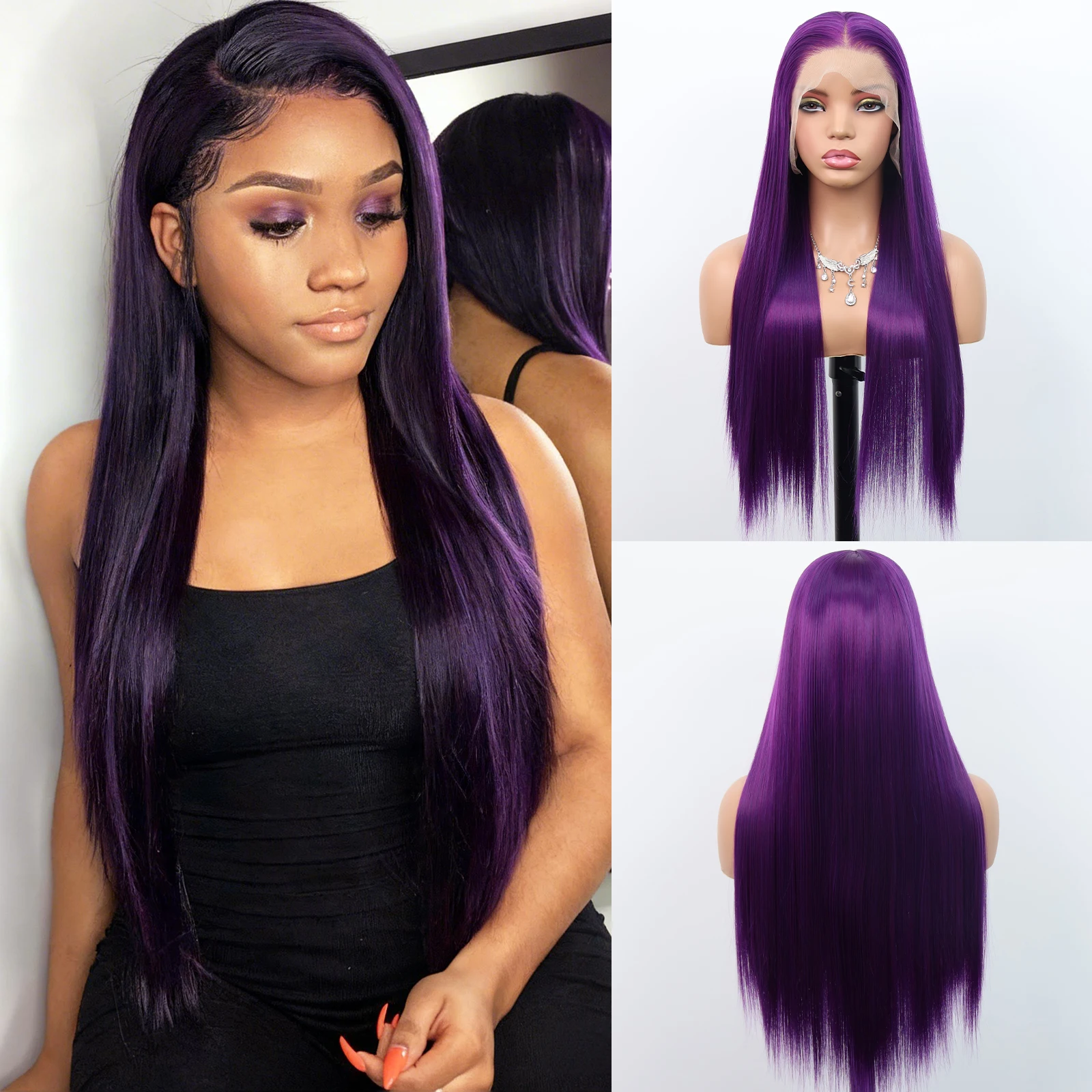 

Синтетический парик Aubree с кружевной передней частью для женщин, 13x6 кружевной фронт, 28 дюймов, длинный прямой парик, фиолетовые волосы, без клея, термостойкий, плотность 180%