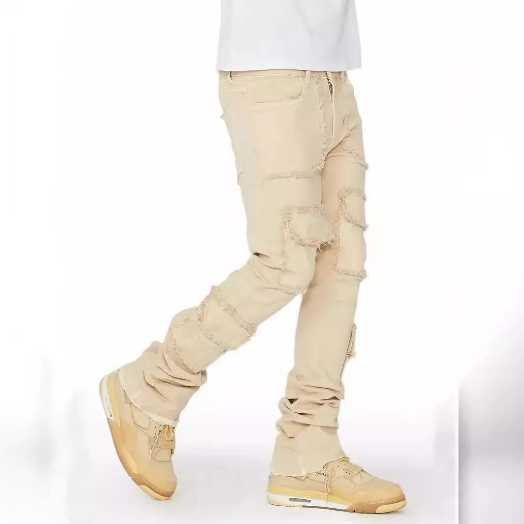 

Men's Denim Workwear Straight-leg Pants, European and American Fashion Elastic Patched Denim Stacked Flared Men's Pants