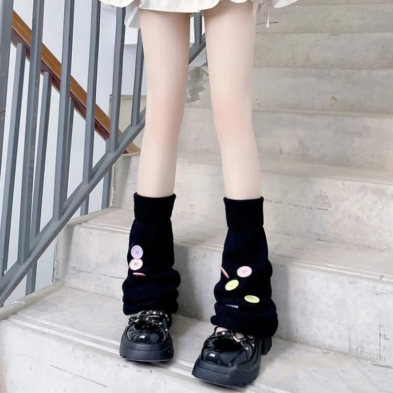 Colorful Button Leg Warmers for Women Knit Gothic Punk Harajuku Long Cable Flared Socks, JK Japanese Y2K Cute