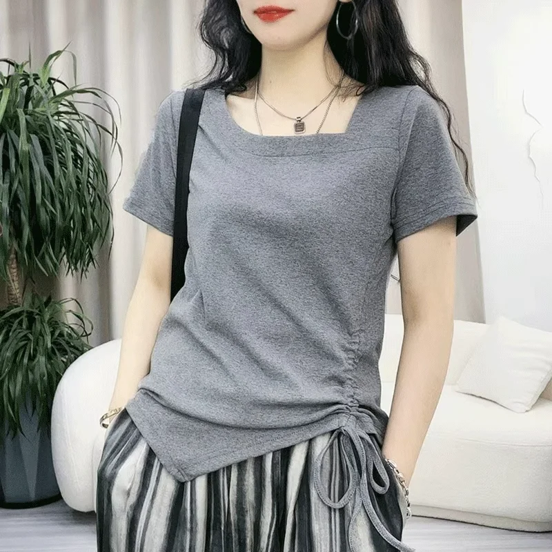 

Fashion Solid Color Shirring Bandage Asymmetrical Blouses Women's Clothing 2024 Summer New Loose Casual Tops Irregular Shirts