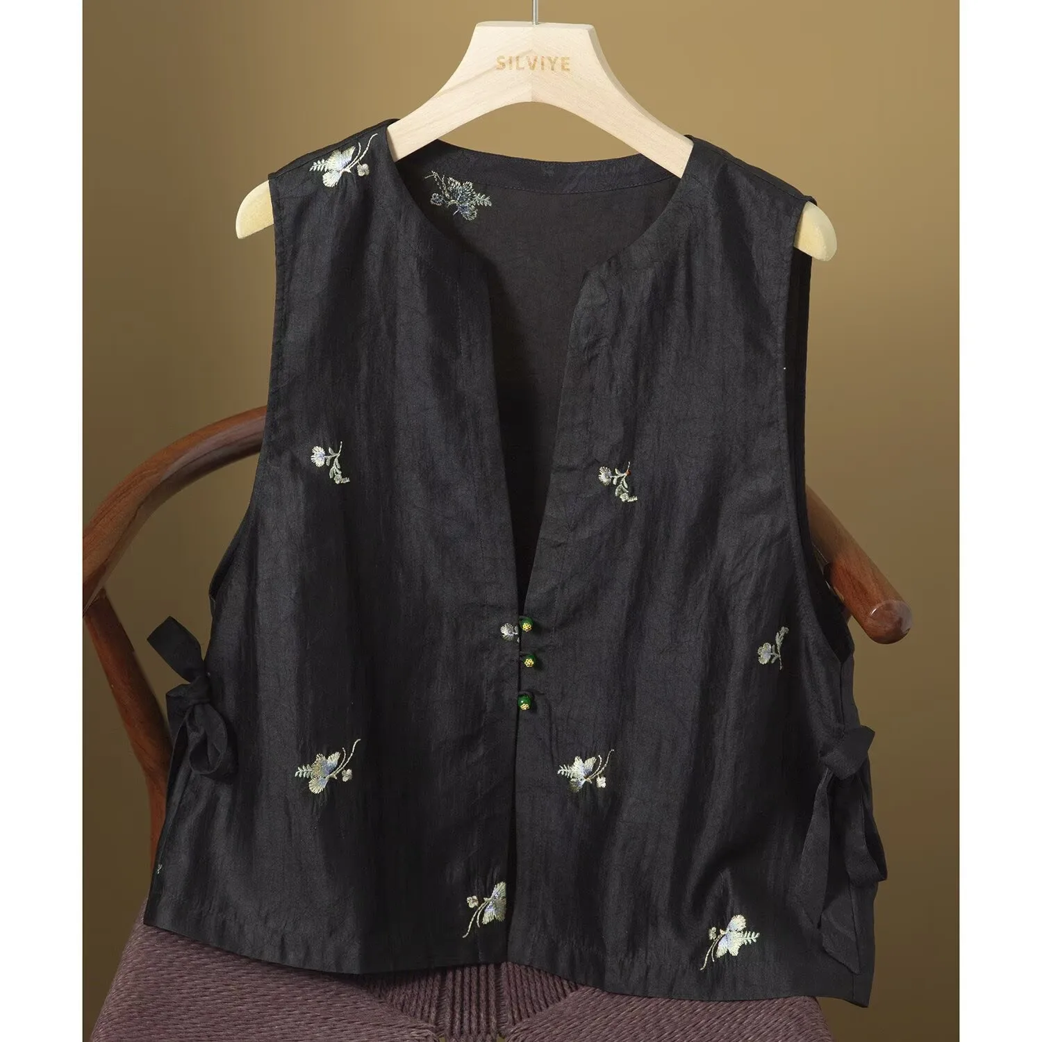 Womens Silk Vest Embroidery Lace up Waistcoat