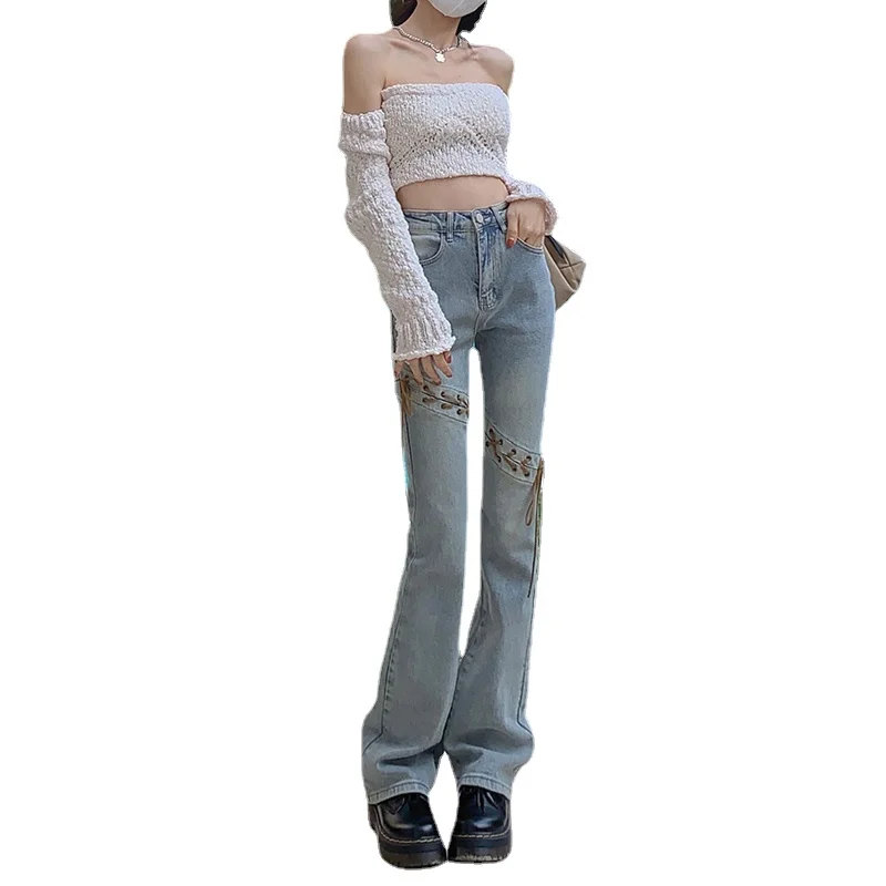 Women Jeans High Waist Light Blue Smoke Gray Denim Flared Pants Women's Autumn New High-end Design Niche Straight Pipe Pants