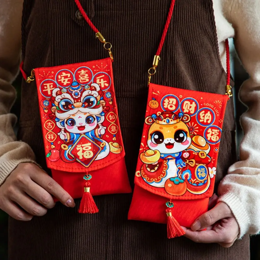 Chinese New Year Fabric Red Envelop Blessing Words Best Wishes 2025 Red Pocket Neck-hanging HongBao Lucky Red Pockets New Year