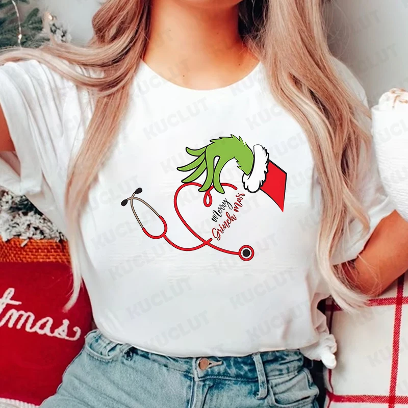 Merry Grinchmas T-Shirt for Women Funny Stethoscope Graphic Tops for Doctor Nursing Gift Xmas Short Sleeve Tees Female Clothing