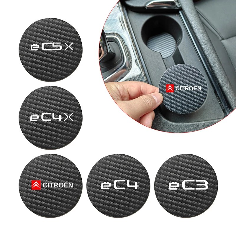 2Pcs 68MM Car Cup Holder Mat Leather Water Coaster Decoration For Citroen EC3 EC4 EC4X EC5X 2022 2023 2024 2025+ Car Accessories