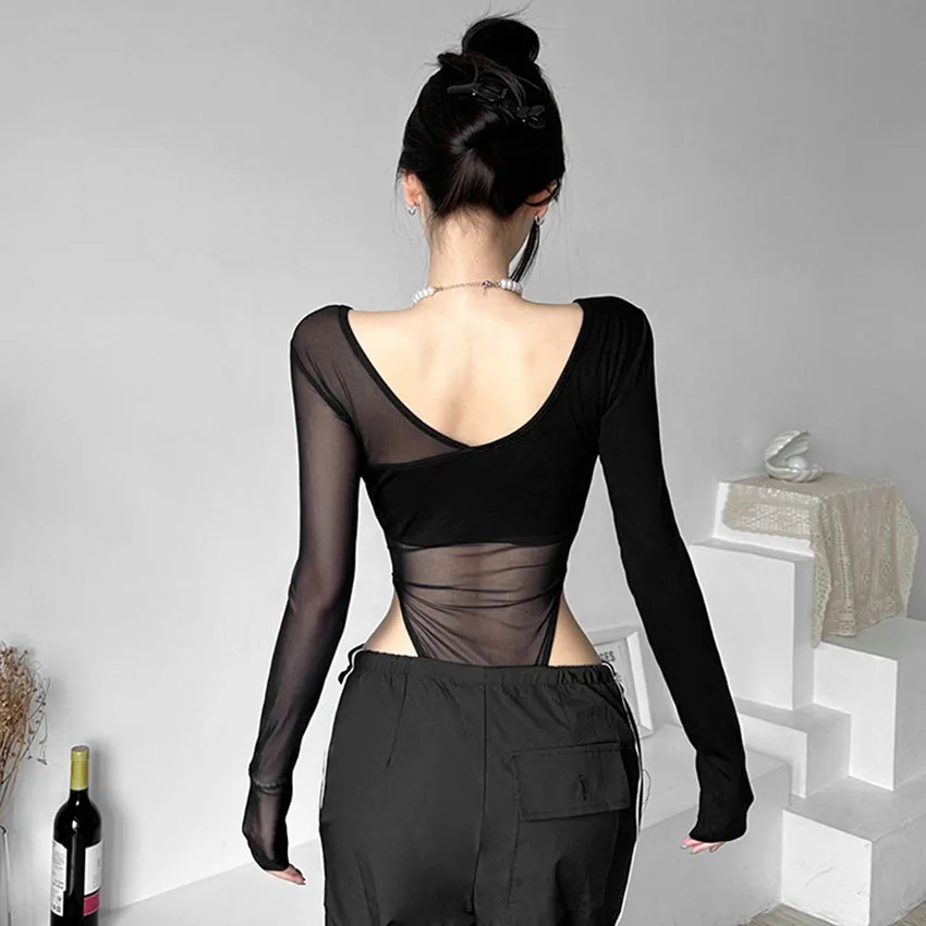 

Black See Through Bodysuit Lingerie Sexy Long Sleeve Lenceria Femenina V-Neck One-Pieces Body Feminino Backless Tops For Women