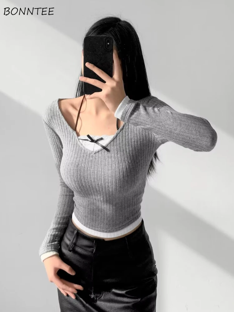 

Long Sleeve Knitted T-shirts Women Slim Casual Fake 2 Pcs Tops Y2k Sexy Girls Aesthetic Clothes All-match Korean Fashion College