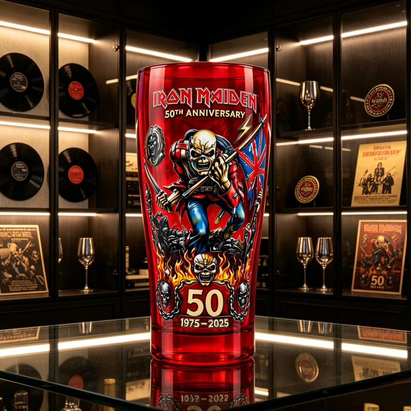 Iron Maiden 50th Anniversary Red Pint Glass Heavy Metal Band Eddie Skull Beer Whiskey Cup Rock Fan Collectible Bar Decor Gift