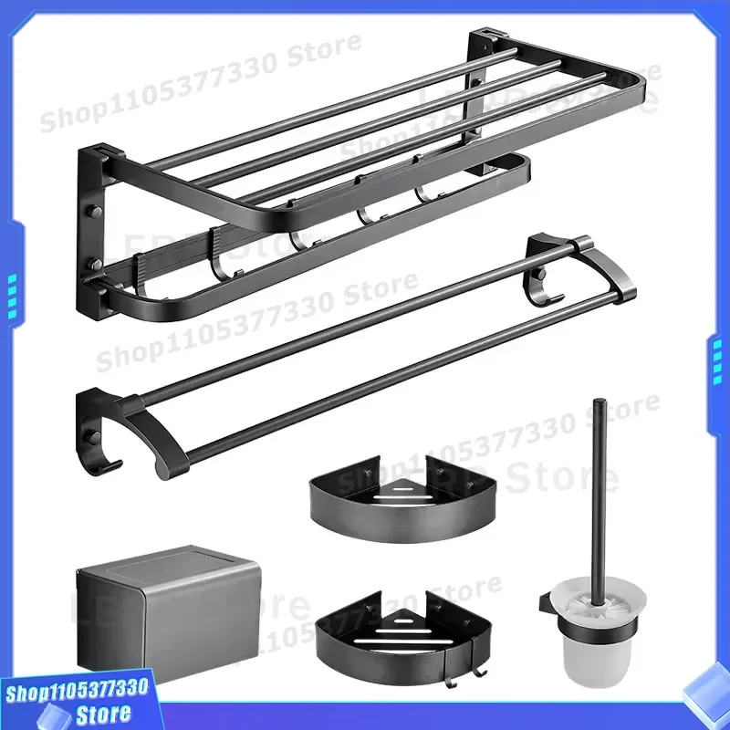 Modern Black Aluminum Bathroom Accessories Set Luxury Shower Rack Sanitary Brush Tissue Holder Wall Mounted Storage Organizer