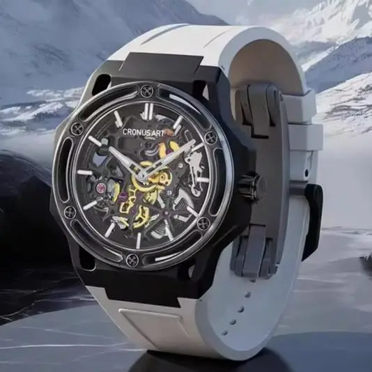 CRONUSART Men Automatic Watch 42mm Mechanical Wristwatch Titanium Case Luminous Skeleton Waterproof Sapphire Mirror FKM Strap