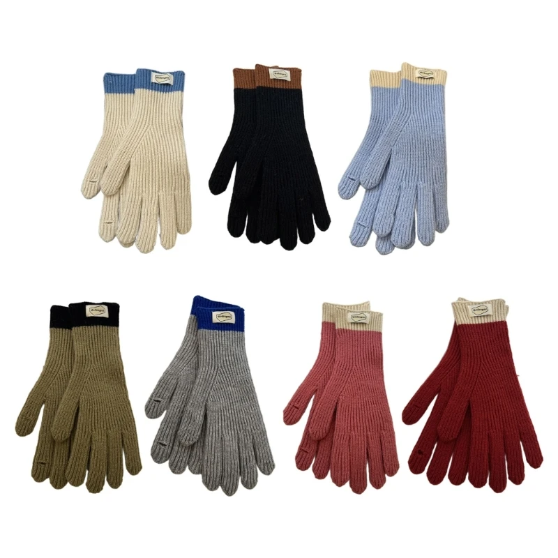 Women Woolen Knit Winter Colorblock Touchable Screen Holes Full Finger Gloves