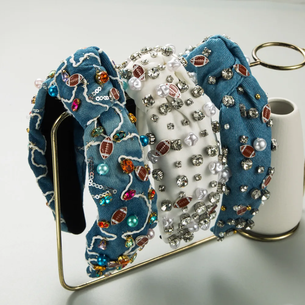

Hot-selling rugby headband women's baroque diamond-encrusted pearl denim fabric headband high skull top temperament hair accesso