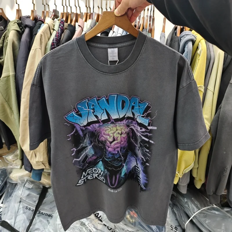 

Vintage Washed Gray Premium Cotton T-shirt Unisex Oversize Cyberpunk Monster Graphic Letter Print Streetwear Dark Aesthetic Top
