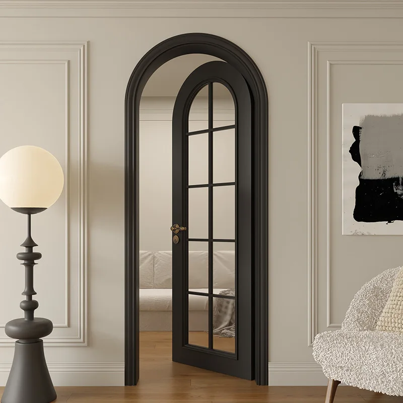 Vintage French style black room door arc arched solid wood bedroom door lattice glass interior door 3