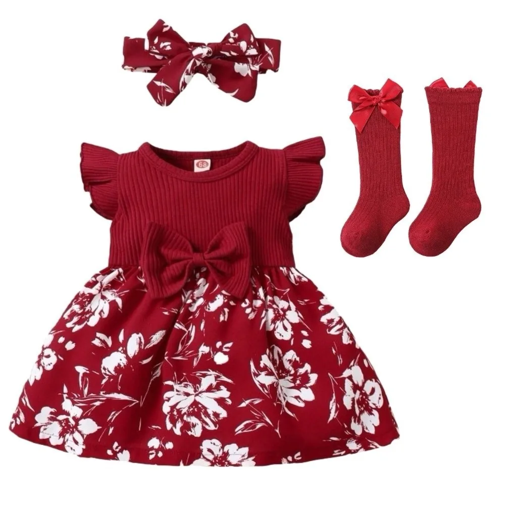 

Cute Bow Baby Girl Dress Floral Short Sleeve Newborn Clothes Set Cotton with Headband Socks Infant Red Princess Dress Daily Wear