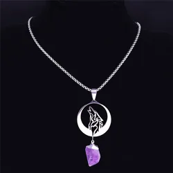 Moon Wolf Natural Purple Crystal Stainless Steel Necklace Animal Pendant Necklace Women/Men Jewelry cadenas mujer N7096S02