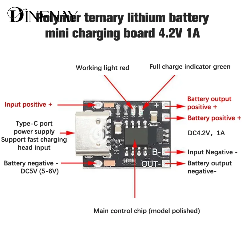 لوحة شحن بطارية ليثيوم صغيرة جدًا 1A 3.7V4.2V وحدة شاحن Type-C مع لوح حماية