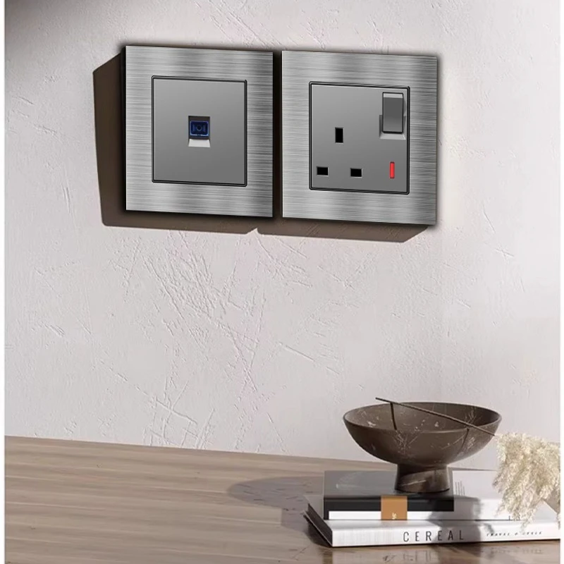 Metal Grey Wall Socket UK 13A With 5V 3.1A Type-c USB Charger,Brushed Aluminum Universal Electrical LED Light Switch Panel