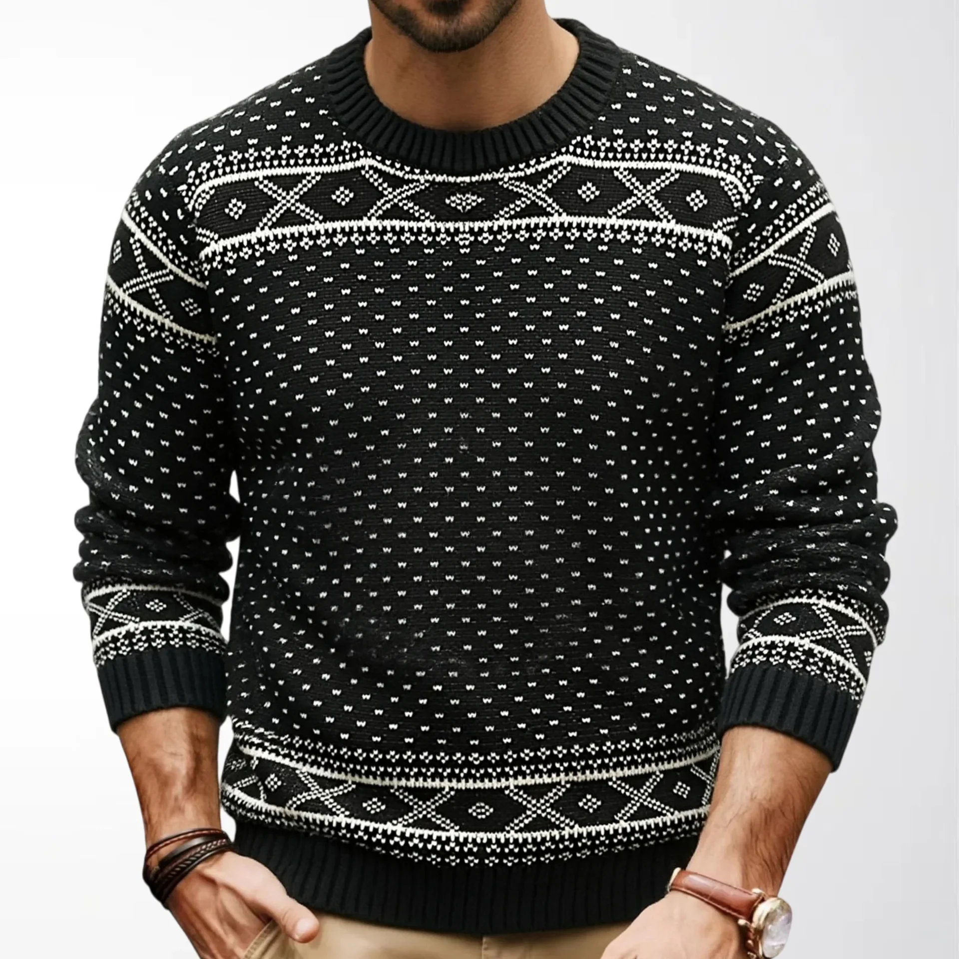 Autumn Winter New Fashion Men Black White Loose Fit O-neck Long Sleeve Simple Basic Knitted Sweater Pullovers Male Tops Clothes