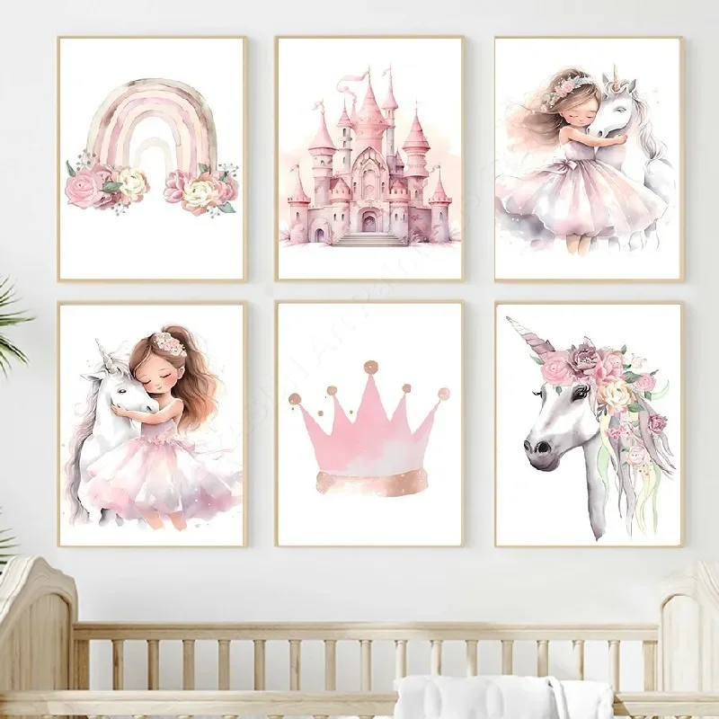 Pink Princess Rainbow Unicorn Castle Crown Custom Name Wall Art Canvas Painting Poster ＆ Print Pictures For Girl Kids Room Decor