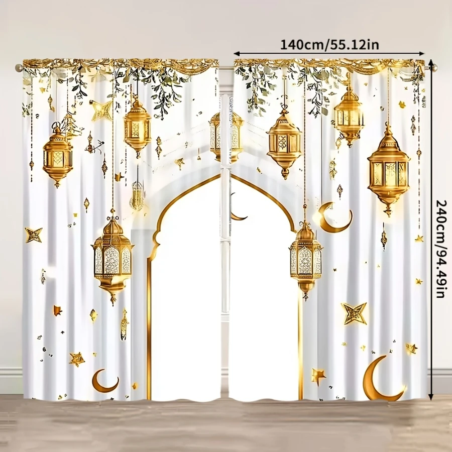 2PCS Digital Print Curtains, Golden Lantern Arch Wall, Moroccan Style Living Room Decor Exotic Bohemian Elegant Bedroom Drapes