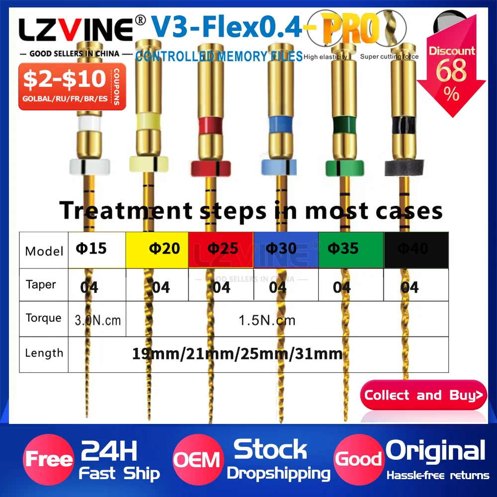 

6pcs/pack Dental Heat Activated Gold Flexible Canal Root Treatment Rotary Golden File Dentist Tools Endodontic Endo Files 25MM
