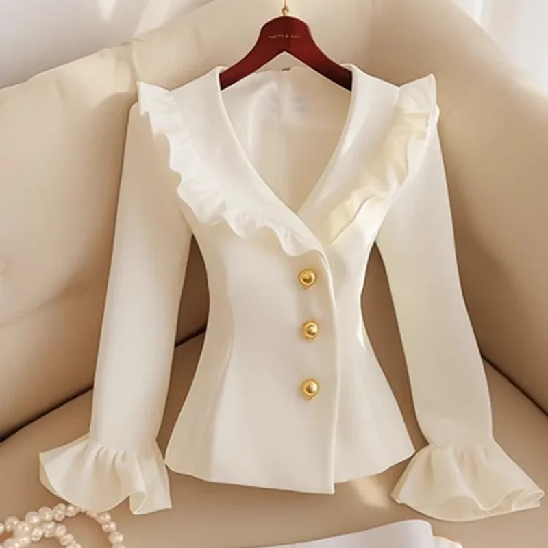 Spring  Autumn New Chic Short Blazer Women's Outwear French Ruffled Slim White Tight Waist Single-Breasted Y2k Blazer Coat Tops