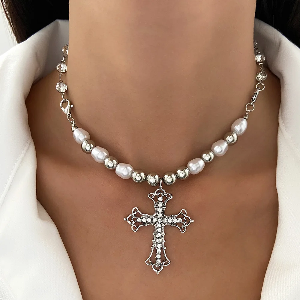 Punk Style Zircon Cross Pendant Necklace for Women Vintage Pearl Crystal Choker Chains Religious Jewelry Trendy Hip Hop Gifts