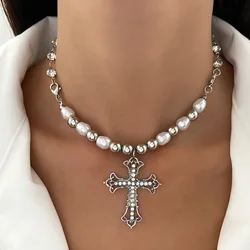 Punk Style Zircon Cross Pendant Necklace for Women Vintage Pearl Crystal Choker Chains Religious Jewelry Trendy Hip Hop Gifts