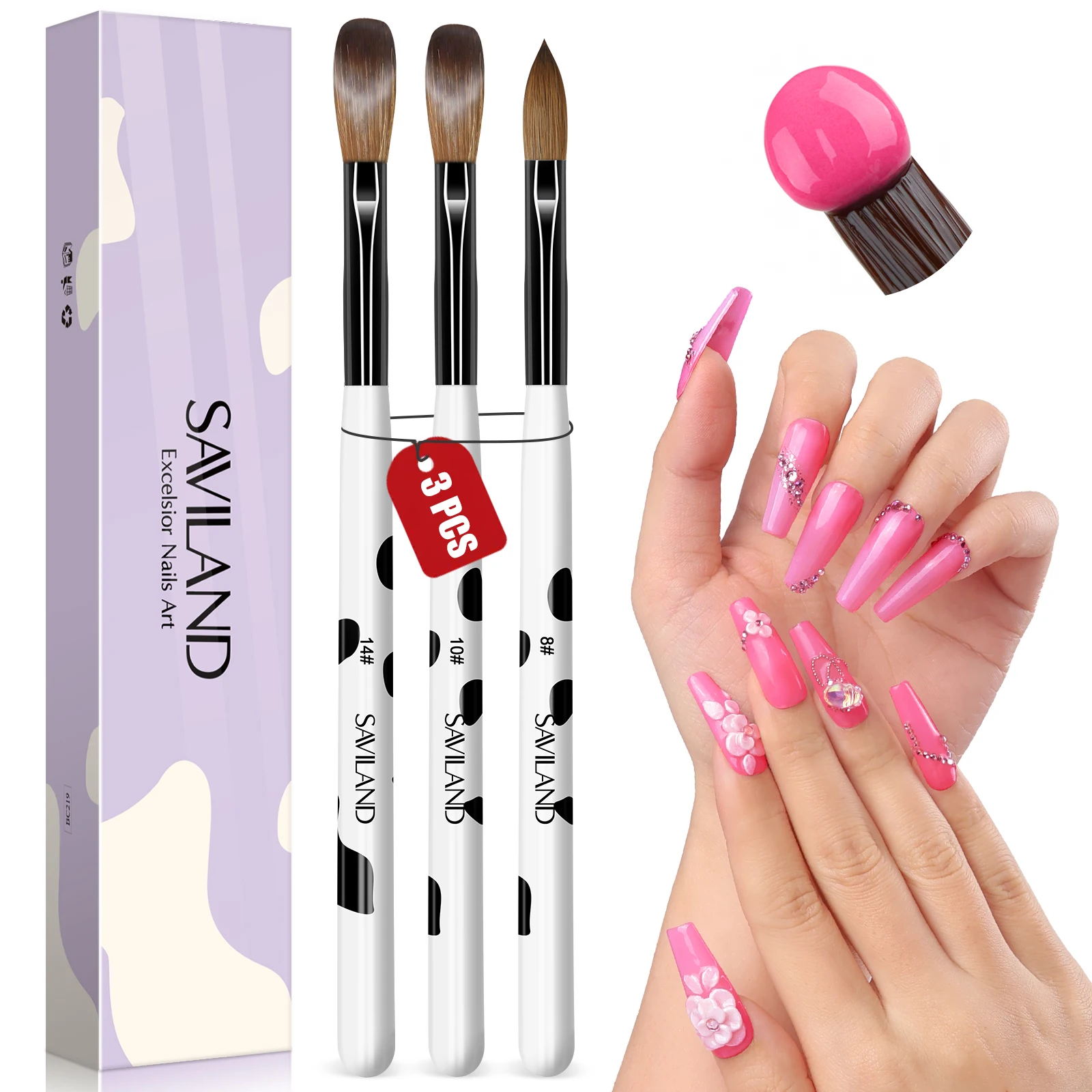 

SAVILAND 3 шт. Набор кистей для акриловых ногтей Kolinsky, размеры 8, 10, 14 для акриловой пудры, 3D дизайн ногтей для начинающих, профессиональное использование