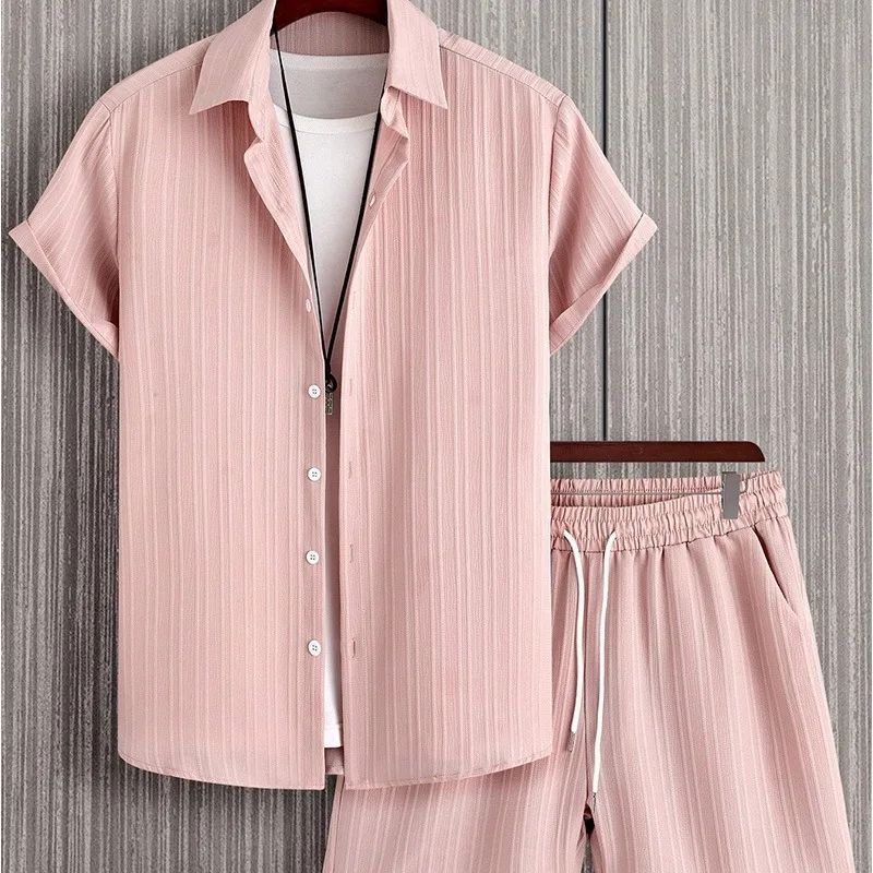 Casual Textured Two Piece Set Mens Short Sleeve Button Shirt Drawstring Beach Shorts Outfit view 5