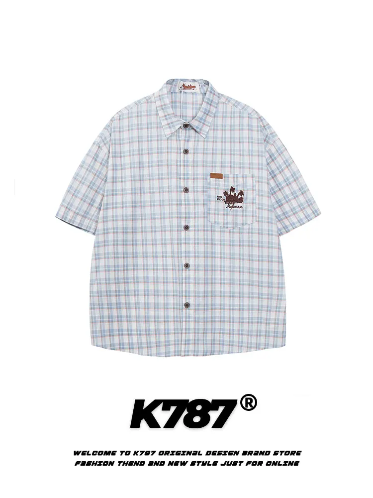 

Футболка K787 в американском ретро-стиле с вышивкой в клетку, повседневная, для пар, дышащая, из хлопка