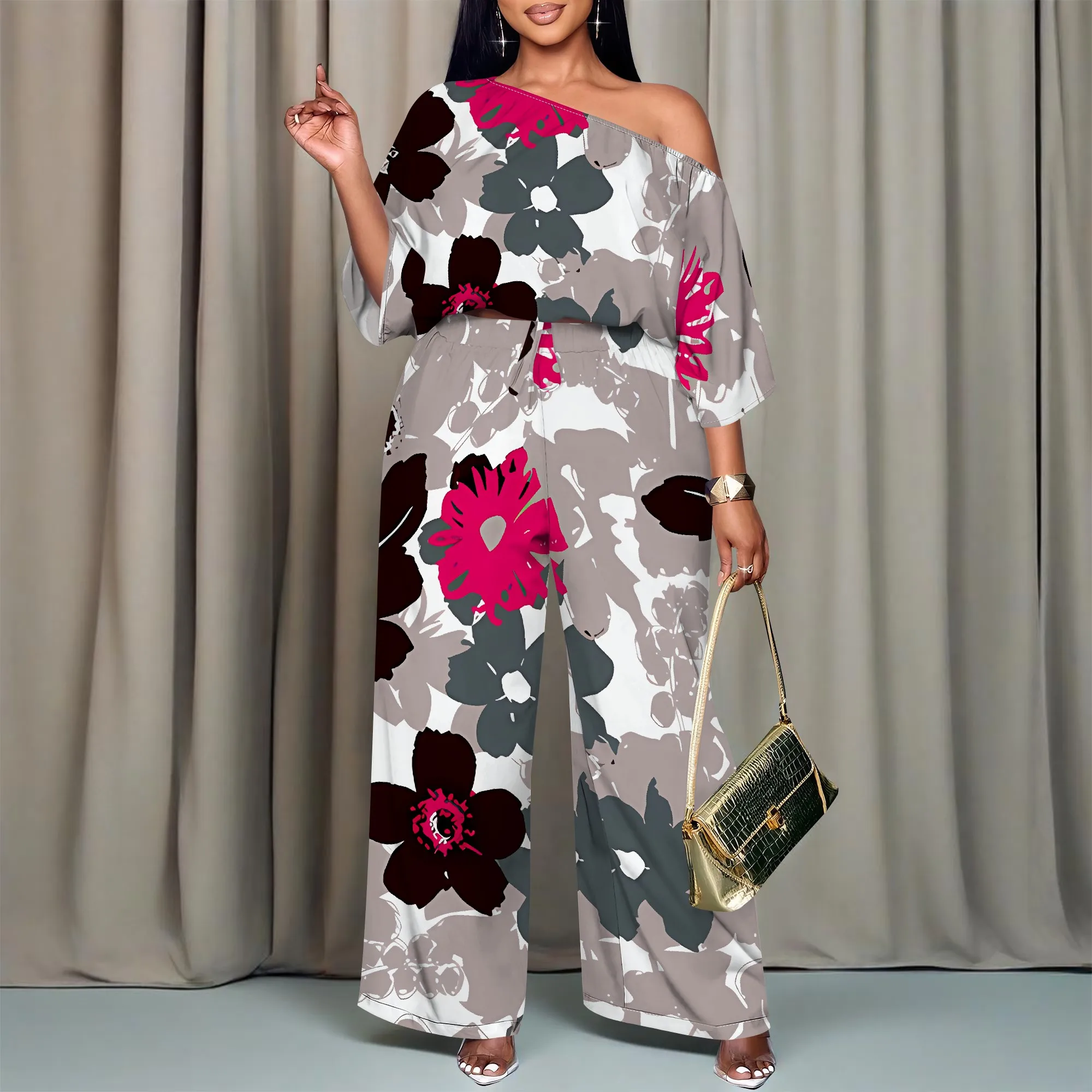 

Женский летний 3D модный повседневный комплект с наклонными плечами и принтом, комплект из двух предметов